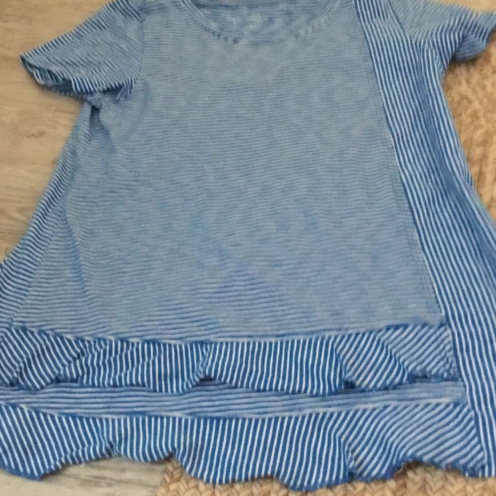 Blue Striped Short Sleeve Ruffle Hem Top